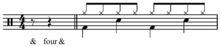 Second shortest count off, "& four &", followed by one measure of drum beat for reference. Play (high tom-tom rather than voice) Count off short.png