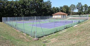 Два теннисных корта, игровая площадка которых окрашена в фиолетовый цвет, а снаружи - в зеленый.  На заднем плане желтое здание, которое служит клубом.