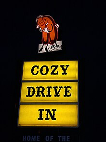 The sign at the Cozy Dog Drive In, featuring the original logo CozyDogDriveIn SpringfieldIL.jpg