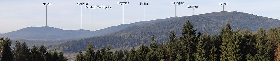 Panorama z kierunku północno-wschodniego. Gawron widoczny po prawej stronie