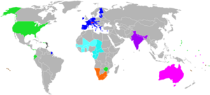 World map of current international currency unions:
.mw-parser-output .legend{page-break-inside:avoid;break-inside:avoid-column}.mw-parser-output .legend-color{display:inline-block;min-width:1.25em;height:1.25em;line-height:1.25;margin:1px 0;text-align:center;border:1px solid black;background-color:transparent;color:black}.mw-parser-output .legend-text{}
EUR Euro
USD United States dollar
CHF Swiss franc
INR Indian rupee
AUD Australian dollar
XCD Eastern Caribbean dollar
ZAR South African rand
XOF West African CFA franc
XAF Central African CFA franc
XPF CFP franc Currency union.PNG