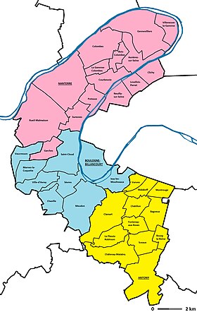 Růžové obce nacházející se ve smyčce Seiny (tedy s výjimkou Neuilly-sur-Seine, Levallois-Perret a Clichy na východě) označují polohu poloostrova.