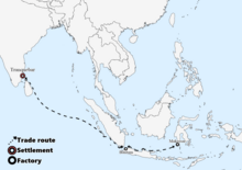 Danish trade routes and settlements in India during the isolation from Denmark, 1643-1669 Danish India 1643-1669.png