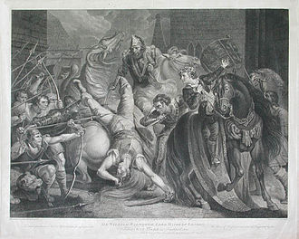 Sir William Walworth, Lord Mayor of London, Killing Wat Tyler in Smithfield, 1381, engraving by Anker Smith published 1796 Death of Wat Tyler.jpg