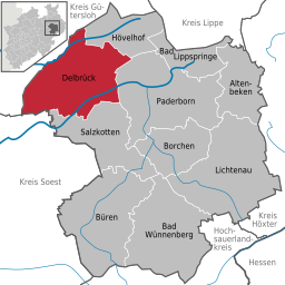 Läget för staden Delbrück, Nordrhein-Westfalen i Kreis Paderborn