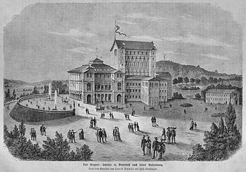 Teatrul Wagner din Bayreuth după finalizarea acestuia (de la Die Gartenlaube), 1873