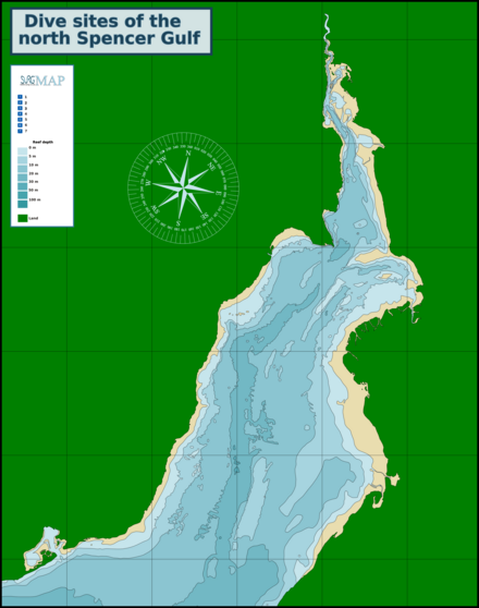 Map showing locations of recreational dive sites of the north Spencer Gulf,