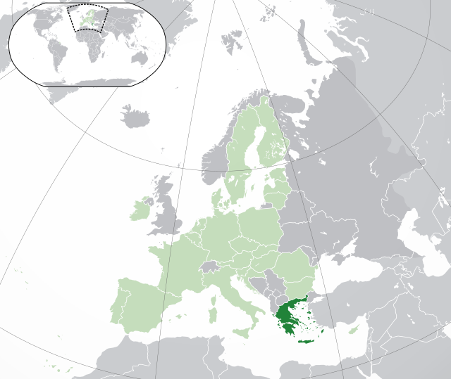 Местоположбата на  Грција  (темнозелена)– на Европскиот континент  (зелена и темносива)– во the Европска Унија  (зелена)  —  [Легенда]