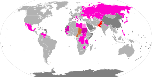 Countries using mixed-member majoritarian electoral systems. Electoral systems map mmm.svg