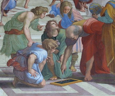 欧几里得，公元前三世纪的古希腊数学家，现在被认为是几何之父，此画为拉斐尔的作品《雅典学院》。