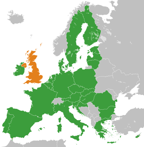 Map indicating locations of European Union and United Kingdom