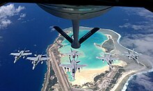 F/A-18 Hornets as seen from an air-to-air refueling aircraft over Wake FA-18 Hornets being refueled over Wake Island 2011.jpg