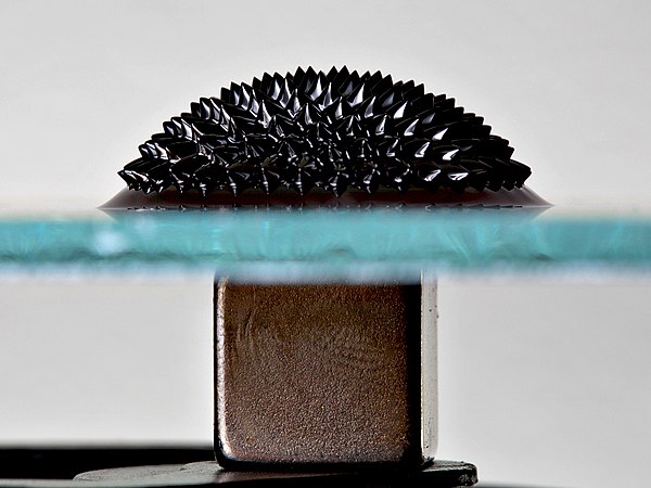 Ferrofluid "spiked" up by a cube neodymium magnet, following its magnetic field