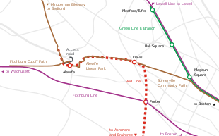 Map of the trails and Red Line reuse of the Fitchburg Cutoff alignment Fitchburg Cutoff modern status map.svg