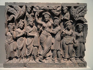 Kushan dynasty, Gandhara. At right two female Nāgas stand ready for the bath.