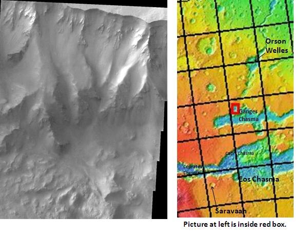 Cliff in northern wall of Ganges Chasma, as seen by THEMIS. Click on image to see relationship with other features in the Coprates quadrangle.