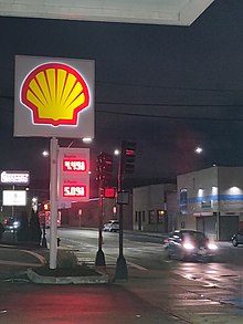 Gasoline price display in Massachusetts in May 2022, showing prices above $4/US gal ($1.06/L). Gas price display outside Boston, May 2022.jpg