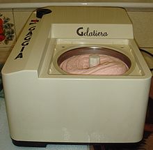 A table top Gelato machine or Italian ice cream maker with its own built-in freezing system. Gelatiera.jpg