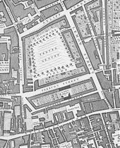 One of the earliest street numbering systems was introduced along Prescott Street in Goodman's Field, London. John Rocque's Map of London, 1746. Goodman's Field.jpg