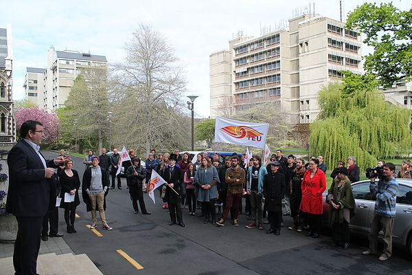 Robertson speaking to a rally opposing the National Government's changes to University Councils, at the University of Otago, October 2013