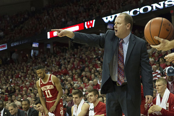 Greg Gard coaching the Badgers at the last home game of the season against Michigan