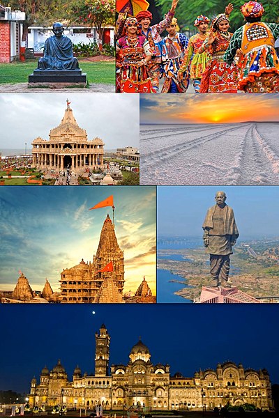 From top and L-R: Sabarmati Ashram, Gujarati attire, Somnath Temple, Rann of Kutch, Dwarkadhish Temple, Statue of Unity, Laxmi Vilas Palace at Vadodar