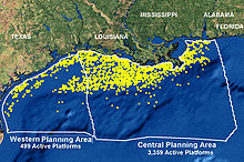 NOAA map of the 3,856 oil and gas platforms extant off the Gulf Coast in 2006. Gulf Coast Platforms.jpg