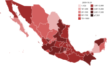 Outbreak evolution in Mexico:

2000+ cases
500+ cases
100+ cases
1+ cases H1N1 Mexico map by confirmed cases.svg