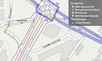erscheint in OSM-CycleMap als beidseitige Linien an der jeweligen Fahrbahn, ohne Hinweise auf die tatsächliche Verkehrsführung.