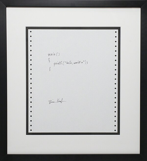 "Hello, World!" program handwritten in the C language and signed by Brian Kernighan (1978)