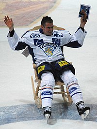 Raimo Helminen in the chair after his last international match Helminen retired.jpg