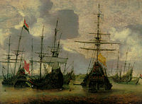 Dutch men-of-war anchored off the coast label QS:Len,"Dutch men-of-war anchored off the coast" label QS:Lde,"Holländische Kriegsschiffe ankern vor der Küste" label QS:Lnl,"Hollandse oorlogsschepen voor de kust" 1631. oil on panelmedium QS:P186,Q296955;P186,Q106857709,P518,Q861259. 33.5 × 44.5 cm (13.1 × 17.5 in). Present whereabouts unknown.