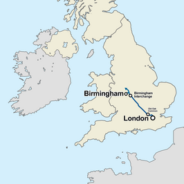 Overzicht van de in aanbouw zijnde lijn, zonder de takken naar Birmingham en Leeds