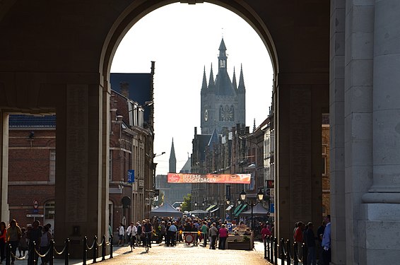 View out of the Menenpoort to the town of Ypres, Belgium