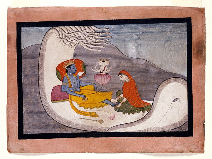 Drawing of sleeping Narayana on Sheshanaga while the four-headed Brahma springs from his navel