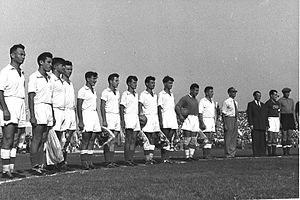 Israel (in white) line up ahead of a friendly match against the Soviet Union in 1956 Israel soccer 1956.jpg