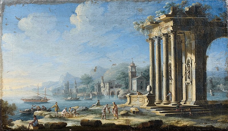 File:Italianate coastal landscapes with figures by classical ruins and shipping off the shore (1) by Gennaro Greco.jpg