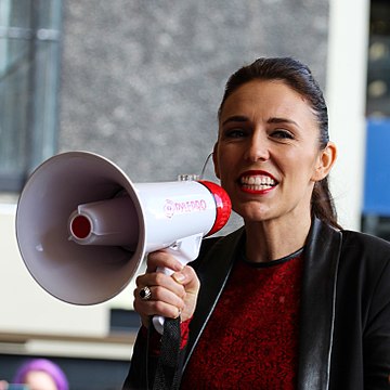 Ardern campaigning at the University of Auckland in September 2017