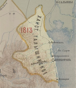 1801-1813 sınırları ile Kafkasya haritasında Talış Hanlığı.