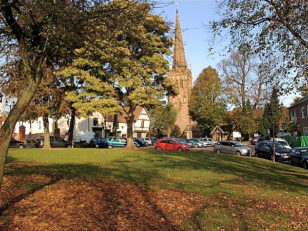 Kings Norton Green and St Nicolas Church viewed in Autumn