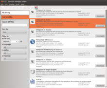 لقراءة موسوعة ويكيبيديا دون الحاجة للاتصال بشبكة الإنترنت. 220px-Kiwix_0.9_beta5_library_screenshot
