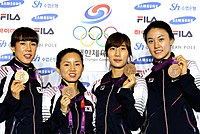 Das Florettteam der Frauen 2012 mit Bronze (v. l. n. r.): Jung Gil-ok, Nam Hyun-hee, Jeon Hee-sook, Oh Ha-na