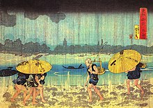 Am Ufer des Sumida, Farbholzschnitt von Kuniyoshi, um 1833