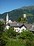 Ladis - Church and residential tower of Laudegg Castle around 1200.jpg