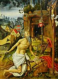 Michael Lancz von Kitzingen – Saint Jerome (1507). W tle biskupia wersja herbu Abdank