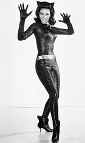 Actress Lee Meriwether as Catwoman in 1966 is wearing a catsuit that is also a cat suit. Lee Meriwether as Catwoman 1966.jpg