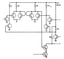 Direct-coupler transistor logic (DCTL) circuit of the Leprechaun computer Leprechaun DCTL.PNG