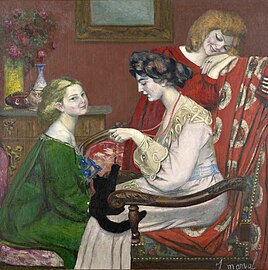 "Les Coquettes" by the artist Jacquline Marval. Image of three well dressed women, two fully grown and one young (in green dress). A small black cat plays on the seated lap of one in the center of the composition, dangling a necklace. The young girl in green gazes wistfully toward the viewer.