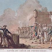 En 1748 Dupleix repousse un premier siège anglais sur Pondichéry après s'être emparé de Madras, la rivale anglaise.