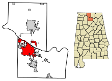 Limestone County and Morgan County Alabama Incorporated and Unincorporated areas Decatur Highlighted 0120104.svg